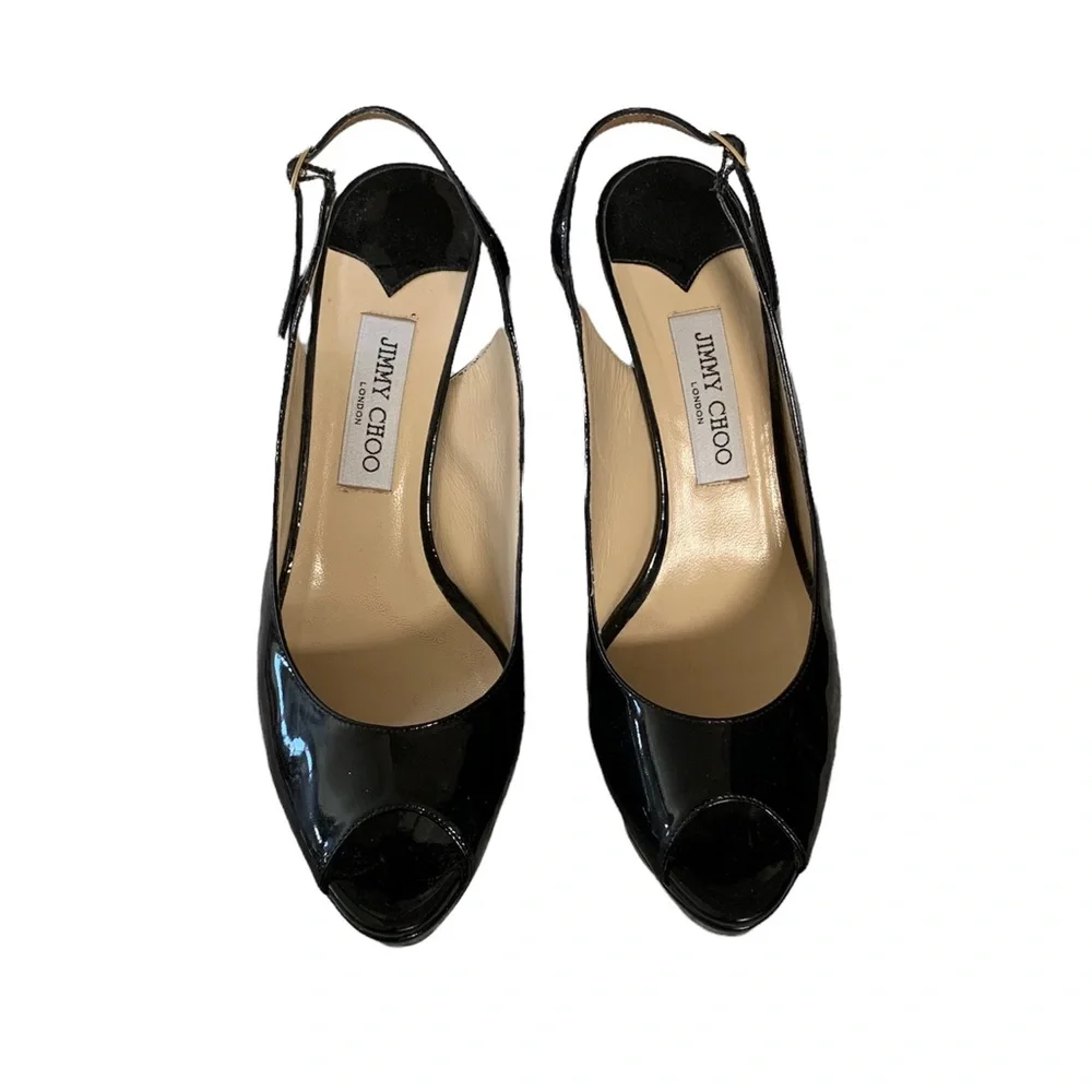 Jimmy Choo Black Nova Peep Toe Slingback Patent Heels - Picture 2 of 15